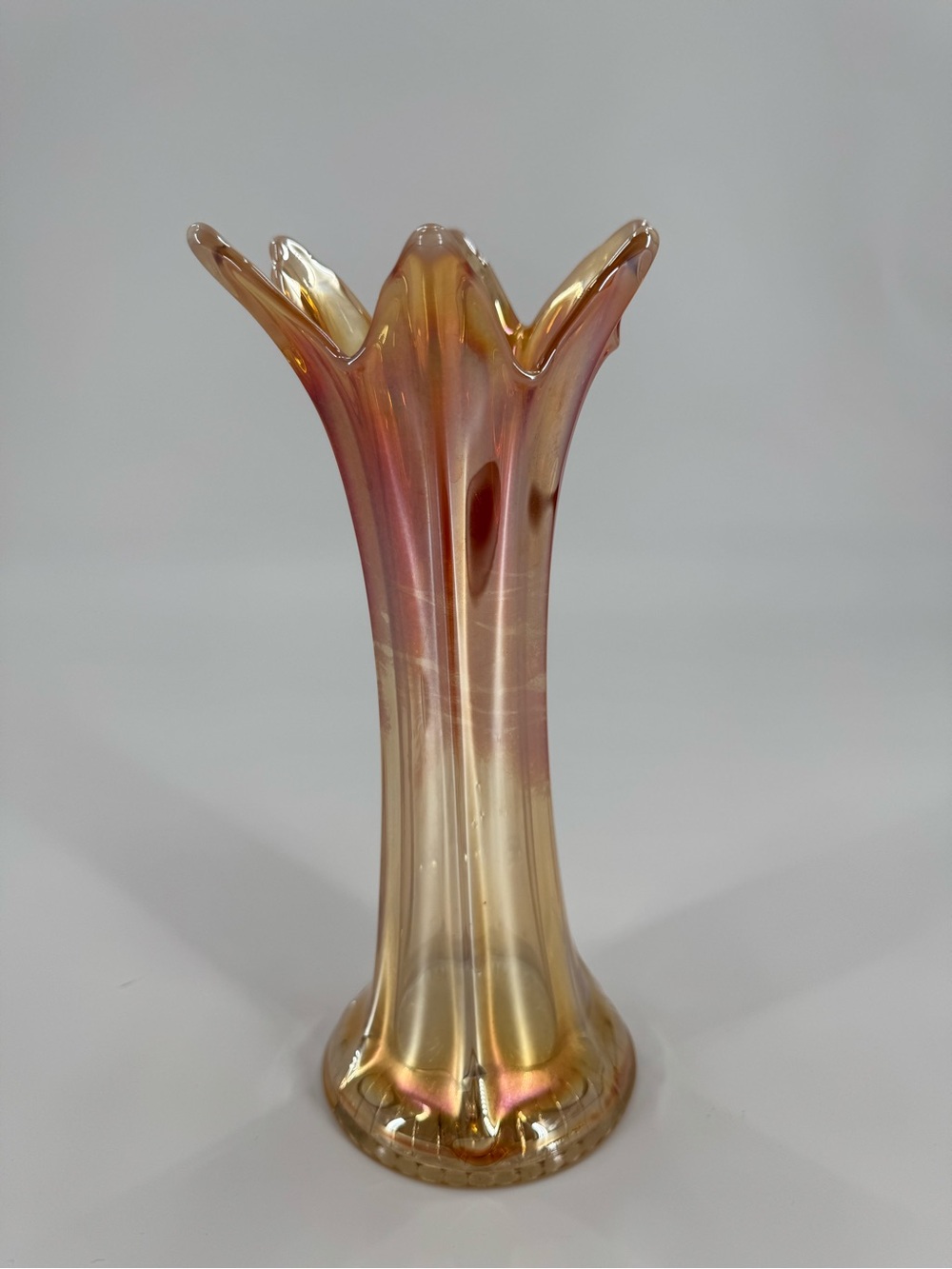 Antique Fenton Smooth Panels Marigold Carnival Glass Swung Vase 10"